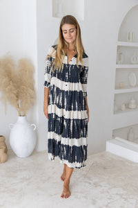 Womens Ashley Long Tunic Shirt Dress in black and cream tie dye finish, in soft lightweight rayon, 3/4 sleeves and pockets.