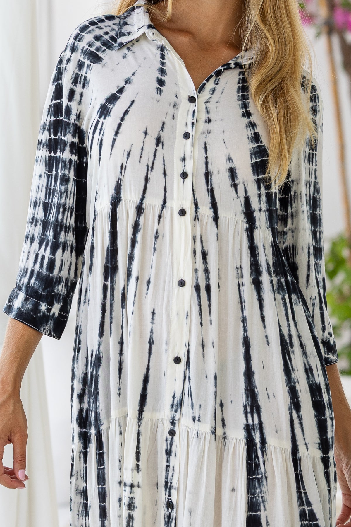 Womens Ashley Long Tunic Shirt Dress in cream and black tie dye finish, in soft lightweight rayon, 3/4 sleeves and pockets.
