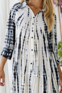 Womens Ashley Long Tunic Shirt Dress in cream and black tie dye finish, in soft lightweight rayon, 3/4 sleeves and pockets.