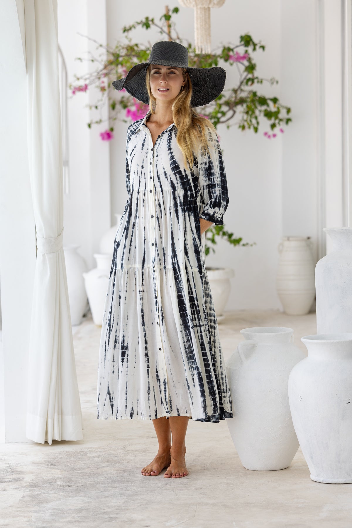Womens Ashley Long Tunic Shirt Dress in cream and black tie dye finish, in soft lightweight rayon, 3/4 sleeves and pockets.