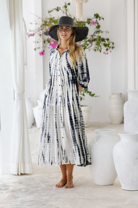 Womens Ashley Long Tunic Shirt Dress in cream and black tie dye finish, in soft lightweight rayon, 3/4 sleeves and pockets.