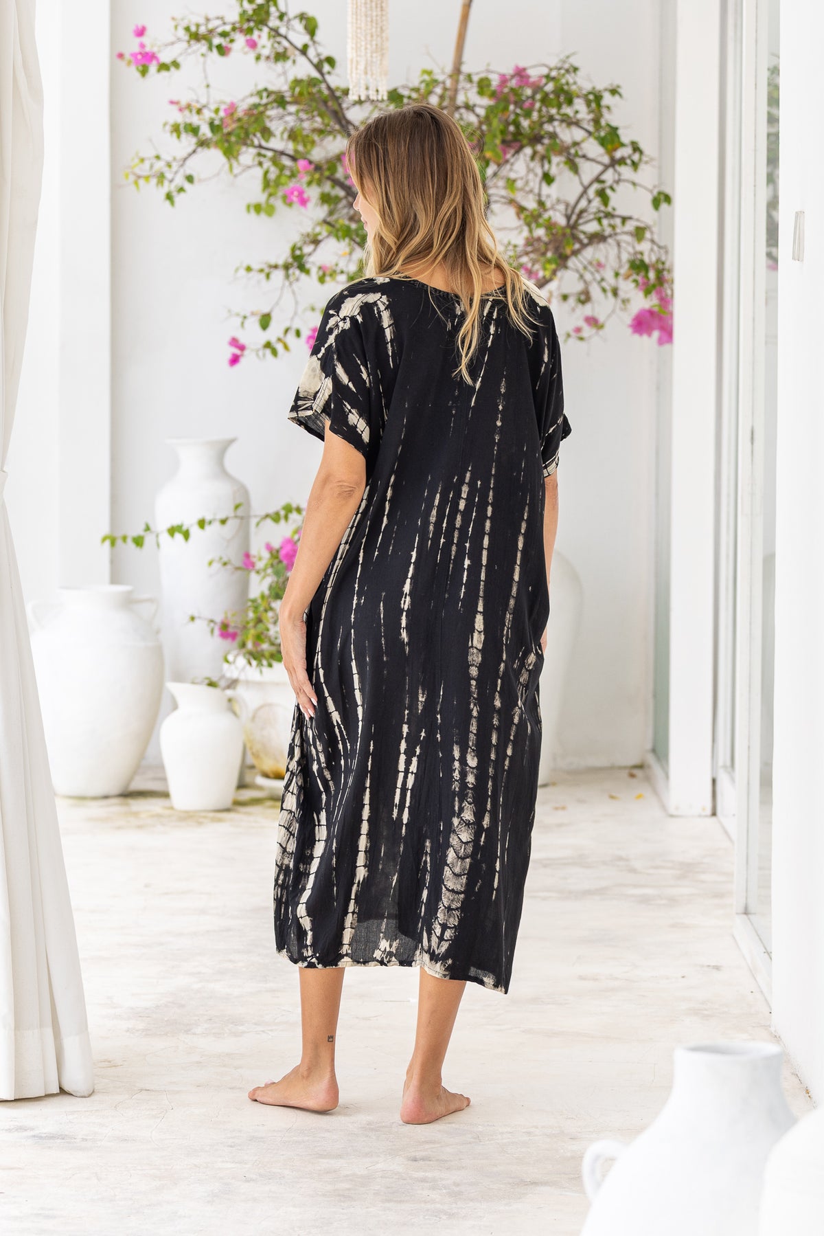 Womens Avery Kaftan dress in black and beige tie dye, in soft lightweight rayon, with pockets and hand beaded detailing.