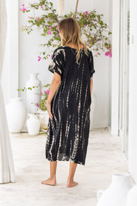 Womens Avery Kaftan dress in black and beige tie dye, in soft lightweight rayon, with pockets and hand beaded detailing.