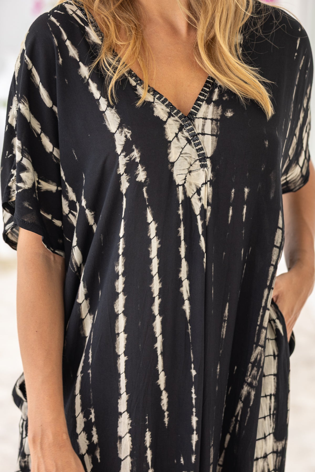 Womens Avery Kaftan dress in black and beige tie dye, in soft lightweight rayon, with pockets and hand beaded detailing.