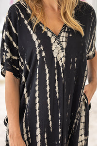 Womens Avery Kaftan dress in black and beige tie dye, in soft lightweight rayon, with pockets and hand beaded detailing.