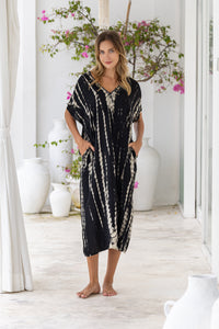 Womens Avery Kaftan dress in black and beige tie dye, in soft lightweight rayon, with pockets and hand beaded detailing.