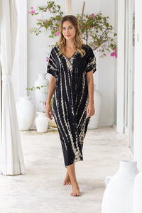 Womens Avery Kaftan dress in black and beige tie dye, in soft lightweight rayon, with pockets and hand beaded detailing.