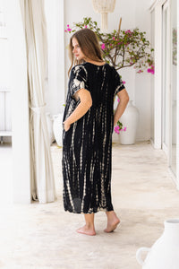 Womens Avery Kaftan dress in black and beige tie dye, in soft lightweight rayon, with pockets and hand beaded detailing. Plus size fit