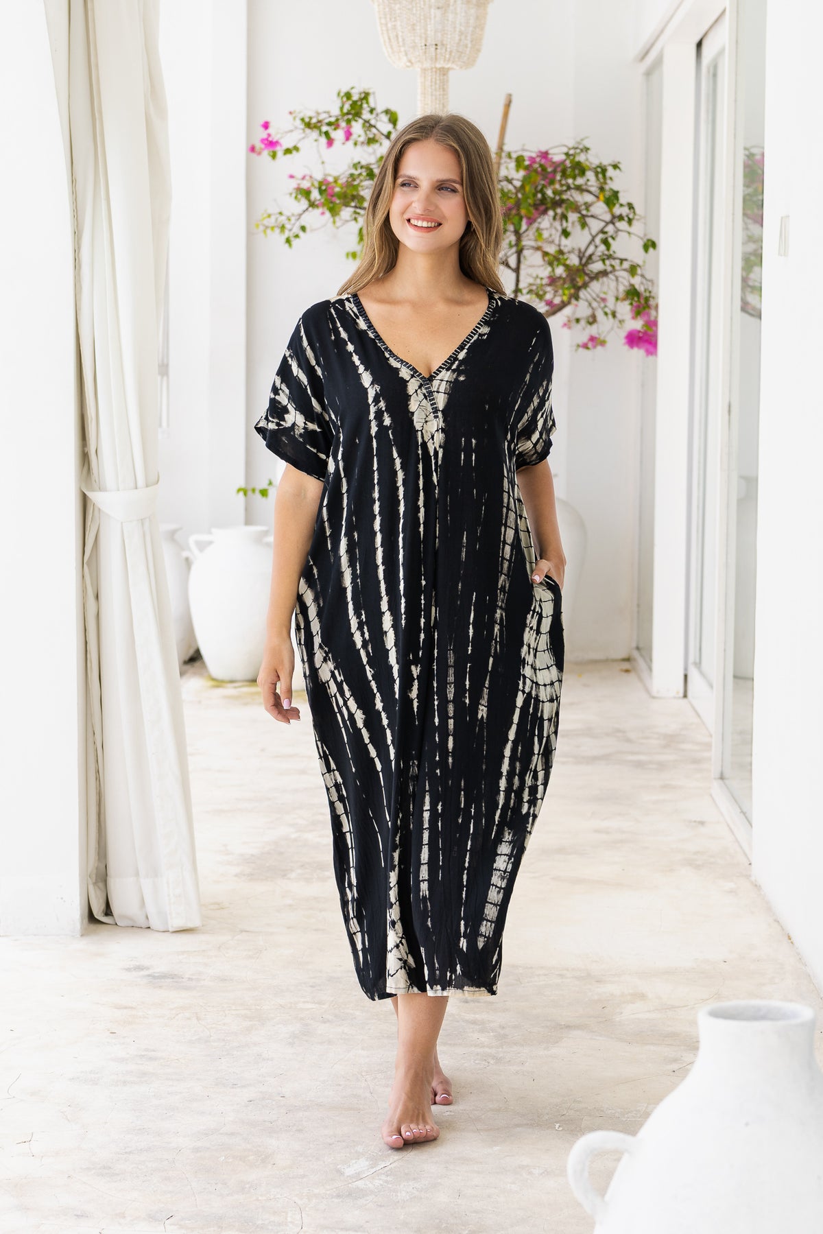 Womens Avery Kaftan dress in black and beige tie dye, in soft lightweight rayon, with pockets and hand beaded detailing. Plus size fit