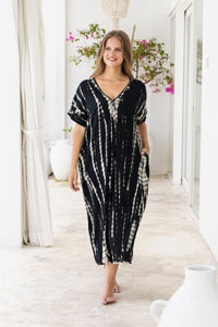Womens Avery Kaftan dress in black and beige tie dye, in soft lightweight rayon, with pockets and hand beaded detailing. Plus size fit