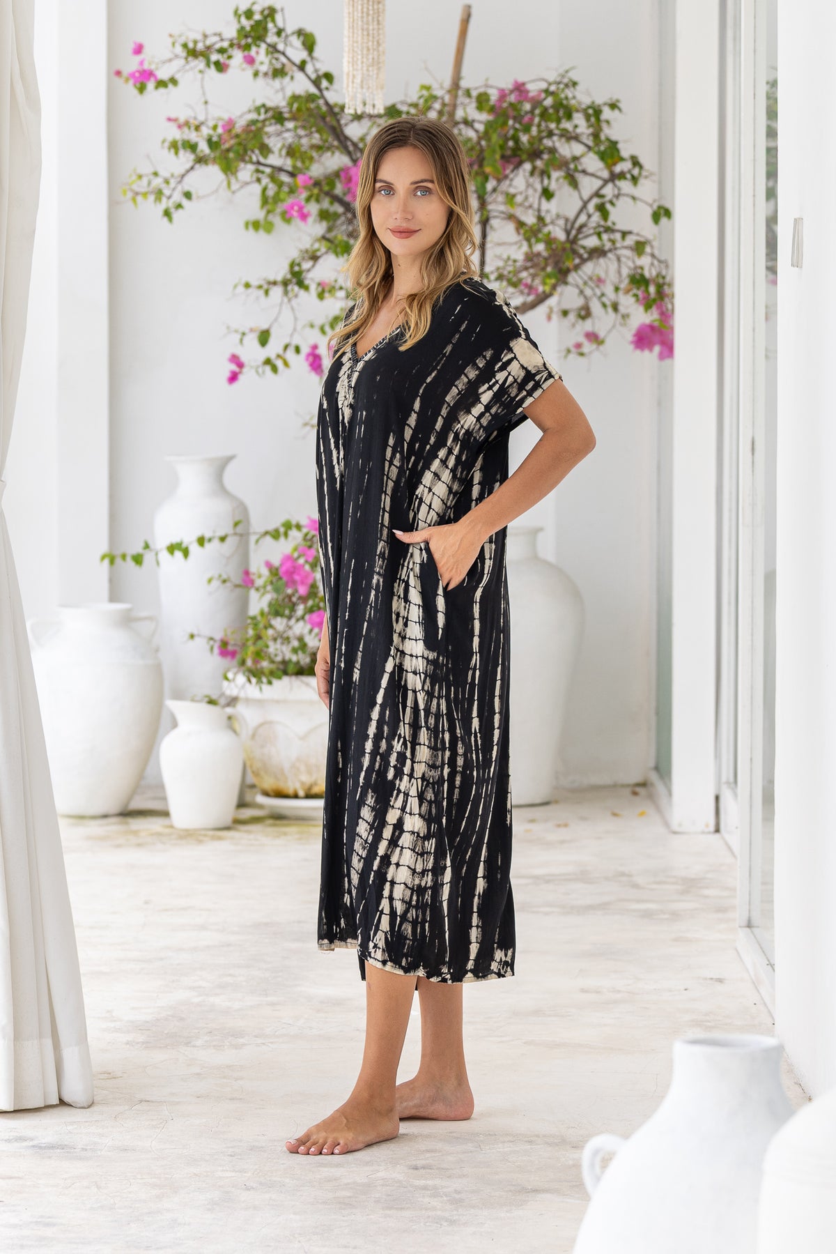 Womens Avery Kaftan dress in black and beige tie dye, in soft lightweight rayon, with pockets and hand beaded detailing.
