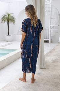 Womens Avery Kaftan dress in navy and copper tie dye, in soft lightweight rayon, with pockets and hand beaded detailing.
