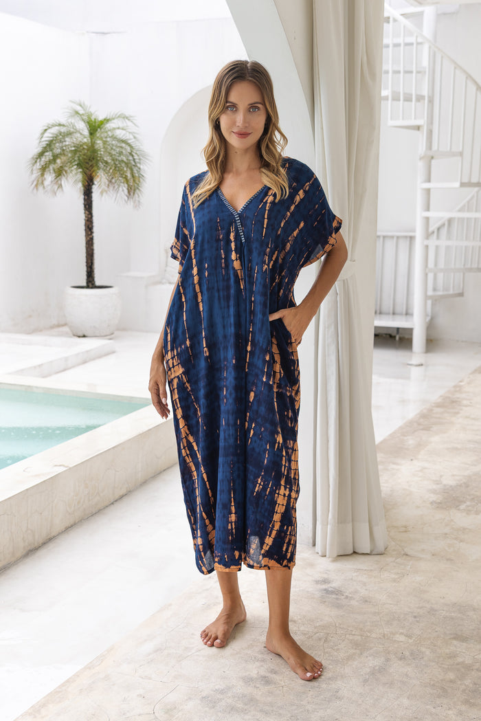 Womens Avery Kaftan dress in navy and copper tie dye, in soft lightweight rayon, with pockets and hand beaded detailing.