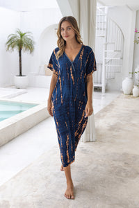 Womens Avery Kaftan dress in navy and copper tie dye, in soft lightweight rayon, with pockets and hand beaded detailing.