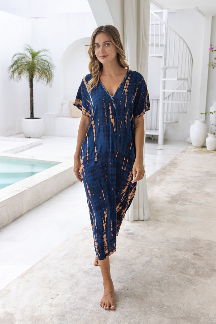 Womens Avery Kaftan dress in navy and copper tie dye, in soft lightweight rayon, with pockets and hand beaded detailing.