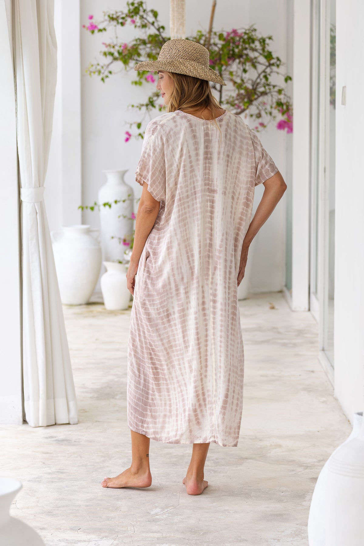 Womens Avery Kaftan dress in pink and cream tie dye, in soft lightweight rayon, with pockets and hand beaded detailing.