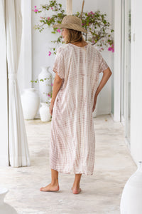 Womens Avery Kaftan dress in pink and cream tie dye, in soft lightweight rayon, with pockets and hand beaded detailing.