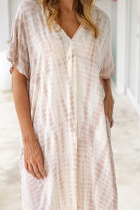 Womens Avery Kaftan dress in pink and cream tie dye, in soft lightweight rayon, with pockets and hand beaded detailing.