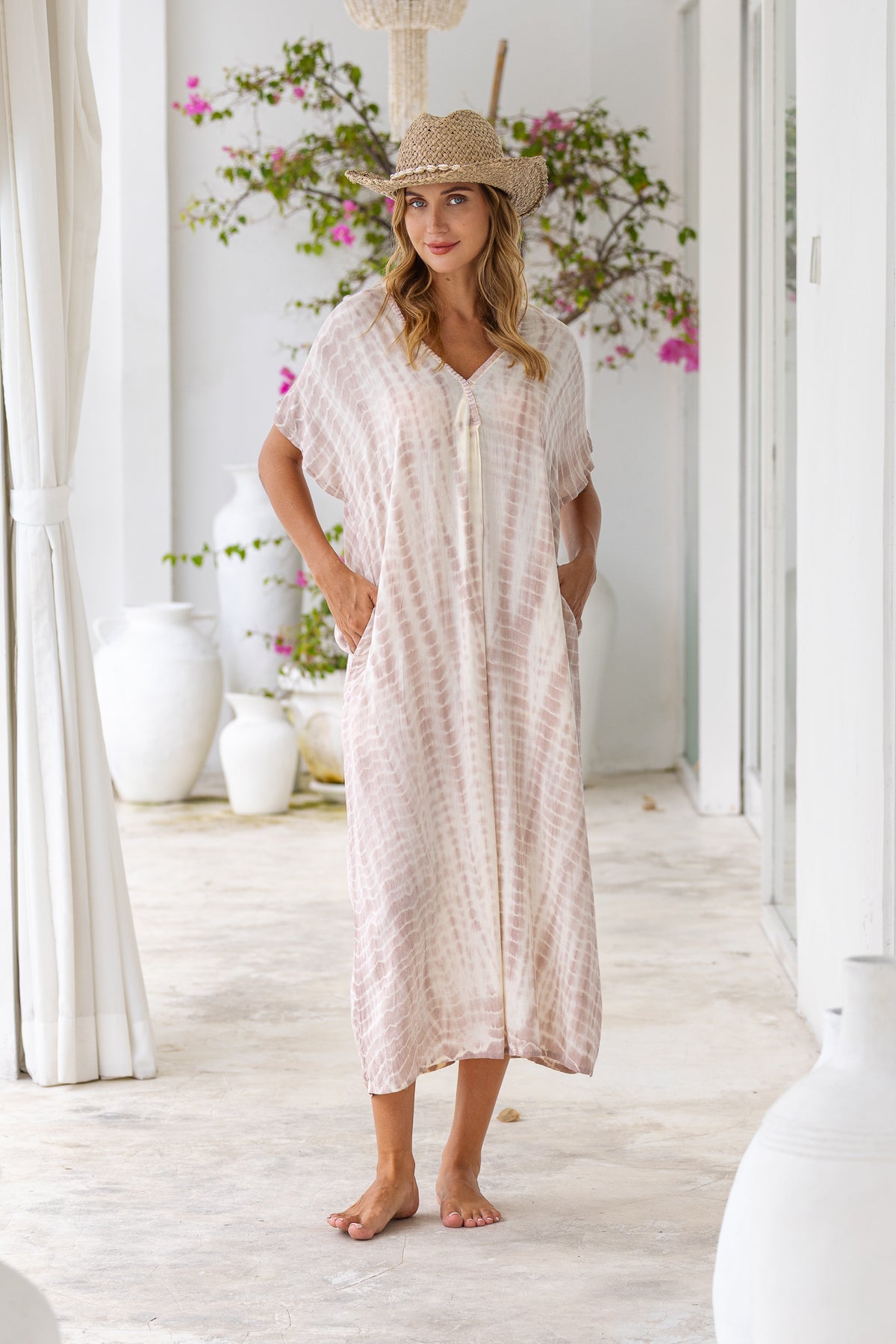Womens Avery Kaftan dress in pink and cream tie dye, in soft lightweight rayon, with pockets and hand beaded detailing.