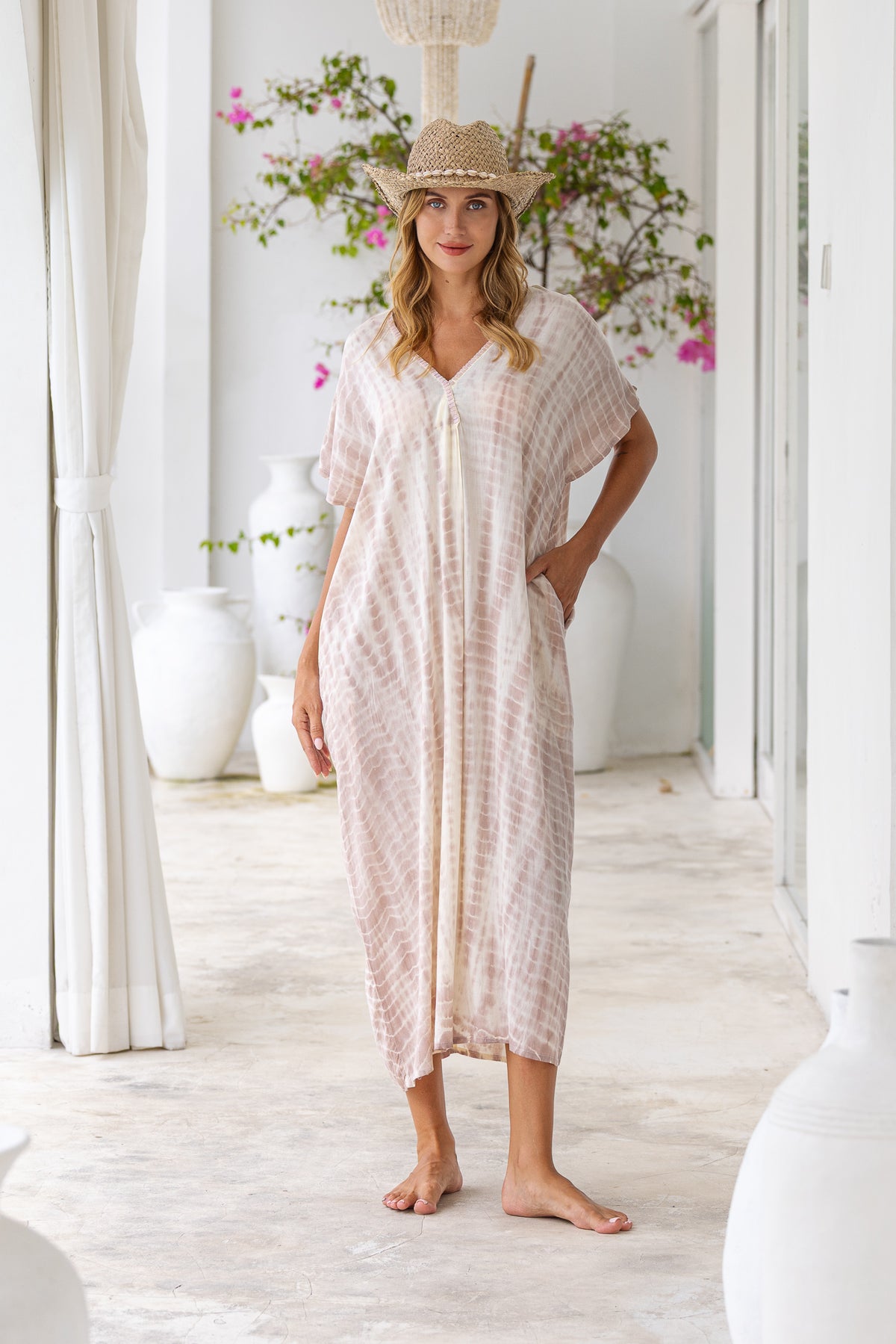 Womens Avery Kaftan dress in pink and cream tie dye, in soft lightweight rayon, with pockets and hand beaded detailing.