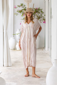Womens Avery Kaftan dress in pink and cream tie dye, in soft lightweight rayon, with pockets and hand beaded detailing.