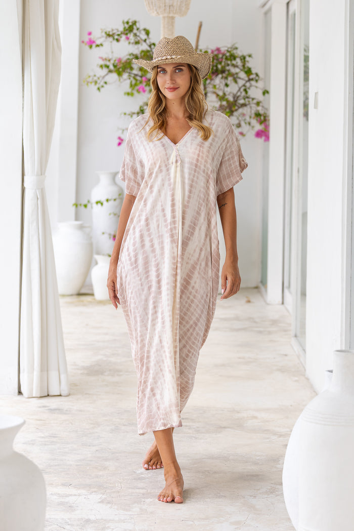 Womens Avery Kaftan dress in pink and cream tie dye, in soft lightweight rayon, with pockets and hand beaded detailing.