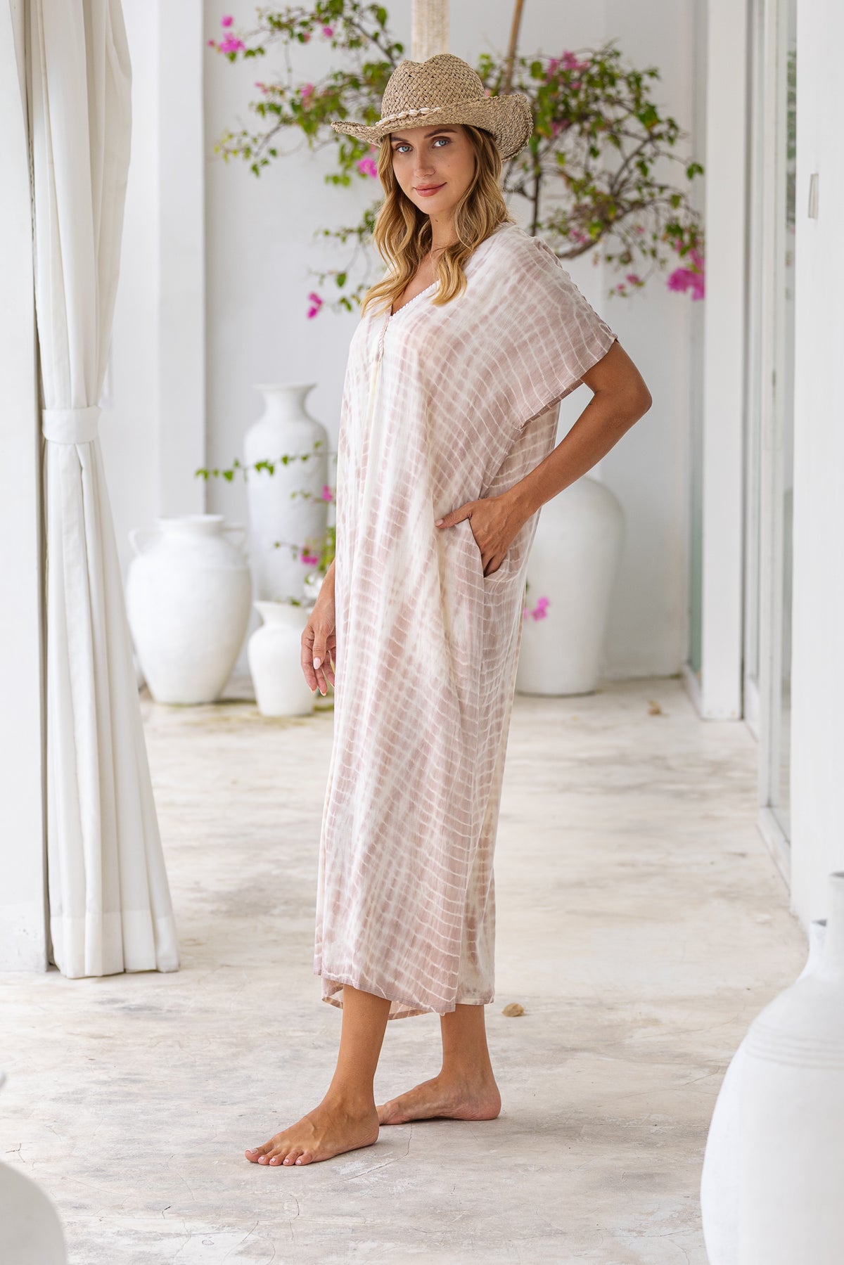 Womens Avery Kaftan dress in pink and cream tie dye, in soft lightweight rayon, with pockets and hand beaded detailing.