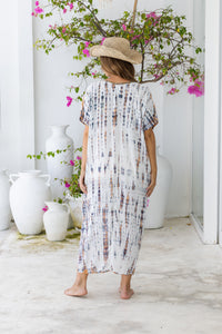 Womens Avery Kaftan dress in white and copper tie dye, in soft lightweight rayon, with pockets and hand beaded detailing. Plus size fit.