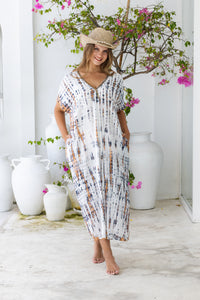 Womens Avery Kaftan dress in white and copper tie dye, in soft lightweight rayon, with pockets and hand beaded detailing. Plus size fit.