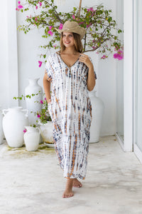 Womens Avery Kaftan dress in white and copper tie dye, in soft lightweight rayon, with pockets and hand beaded detailing. Plus size fit.