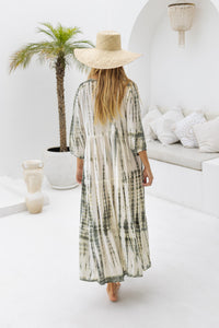Womens Freya Long Tunic Dress in khaki and cream tie dye finish, in soft lightweight rayon, with side splits, 3/4 sleeves, pockets and hand beaded detailing.