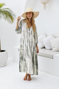Womens Freya Long Tunic Dress in khaki and cream tie dye finish, in soft lightweight rayon, with side splits, 3/4 sleeves, pockets and hand beaded detailing.