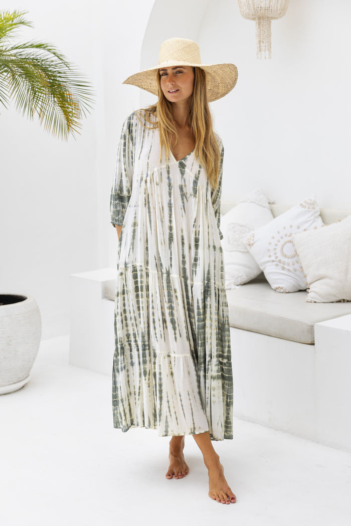 Womens Freya Long Tunic Dress in khaki and cream tie dye finish, in soft lightweight rayon, with side splits, 3/4 sleeves, pockets and hand beaded detailing.