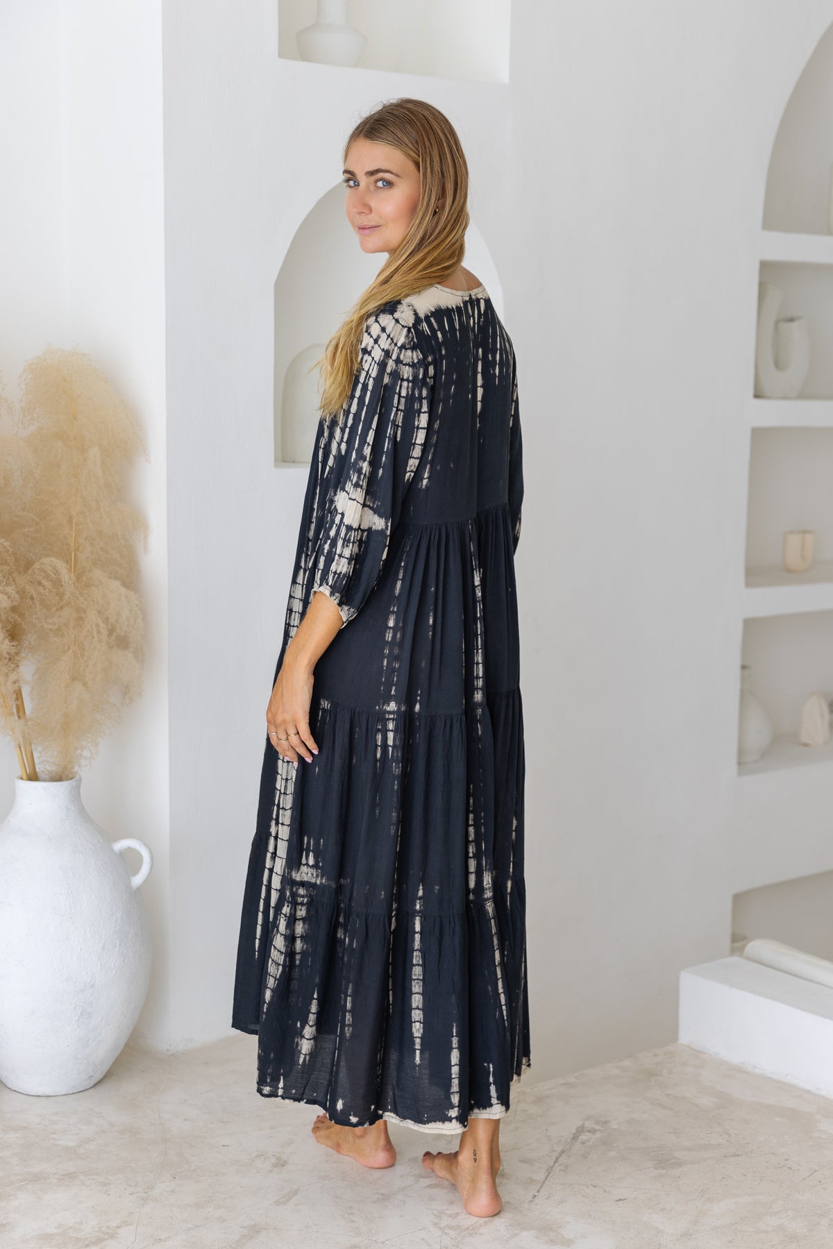Womens Freya Long Tunic Dress in black and beige tie dye finish, in soft lightweight rayon, with side splits, 3/4 sleeves, pockets and hand beaded detailing.