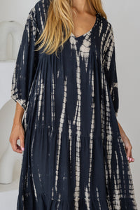 Womens Freya Long Tunic Dress in black and beige tie dye finish, in soft lightweight rayon, with side splits, 3/4 sleeves, pockets and hand beaded detailing.