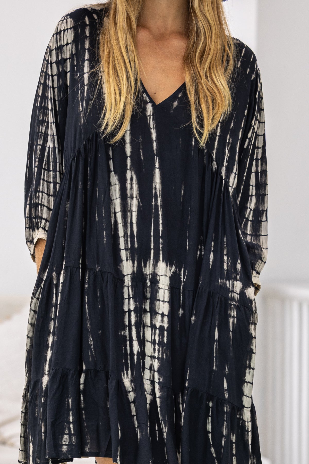 Womens Freya Short Tunic Dress in black and beige tie dye finish, in soft lightweight rayon, with side 3/4 sleeves, pockets and hand beaded detailing.