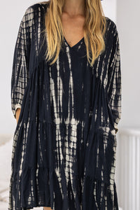 Womens Freya Short Tunic Dress in black and beige tie dye finish, in soft lightweight rayon, with side 3/4 sleeves, pockets and hand beaded detailing.