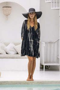Womens Freya Short Tunic Dress in black and beige tie dye finish, in soft lightweight rayon, with side 3/4 sleeves, pockets and hand beaded detailing.