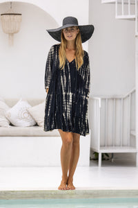 Womens Freya Short Tunic Dress in black and beige tie dye finish, in soft lightweight rayon, with side 3/4 sleeves, pockets and hand beaded detailing.