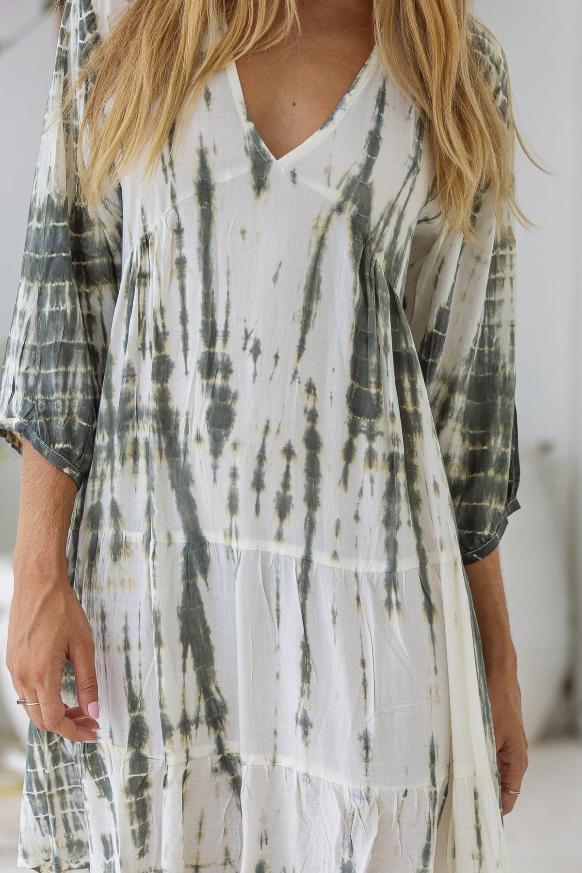Womens Freya Short Tunic Dress in khaki and cream tie dye finish, in soft lightweight rayon, with side 3/4 sleeves, pockets and hand beaded detailing.