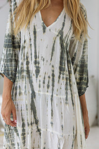 Womens Freya Short Tunic Dress in khaki and cream tie dye finish, in soft lightweight rayon, with side 3/4 sleeves, pockets and hand beaded detailing.