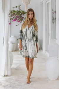 Womens Freya Short Tunic Dress in khaki and cream tie dye finish, in soft lightweight rayon, with side 3/4 sleeves, pockets and hand beaded detailing.