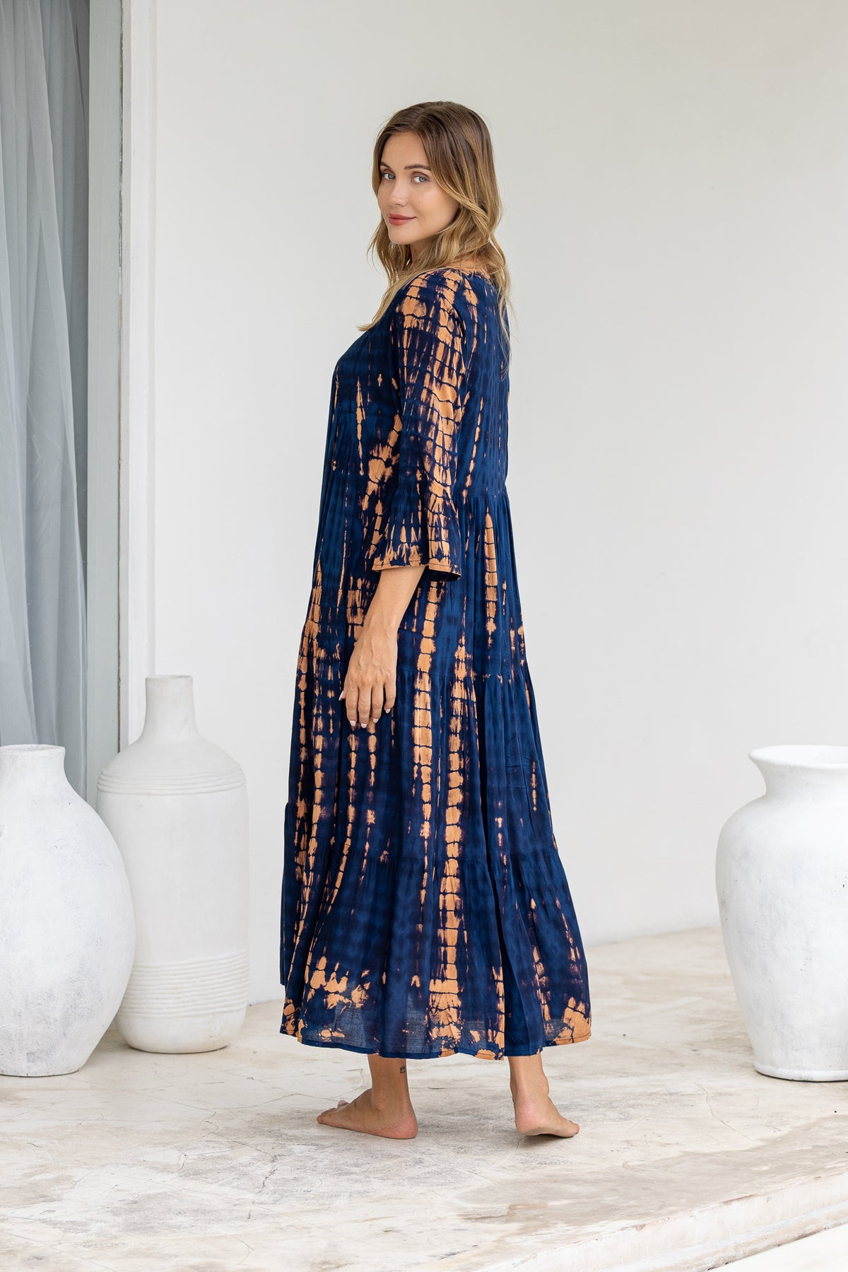 Womens Frida long smock dress in navy and copper tie dye, in soft lightweight rayon with discreet side pockets and 3/4 trumpet sleeves
