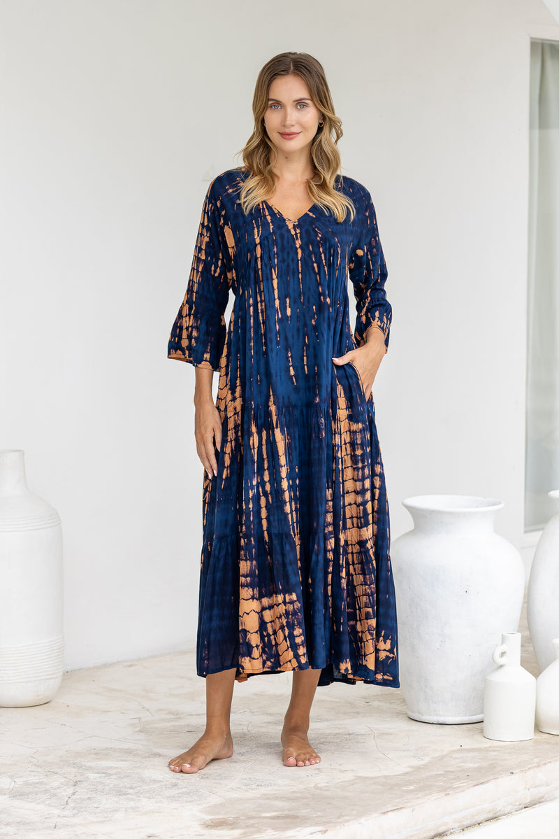 Frida Smock Dress Navy and Copper Tie Dye Frida Smock Dress Navy and Copper Tie Dye