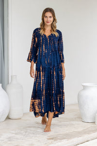 Womens Frida long smock dress in navy and copper tie dye, in soft lightweight rayon with discreet side pockets and 3/4 trumpet sleeves