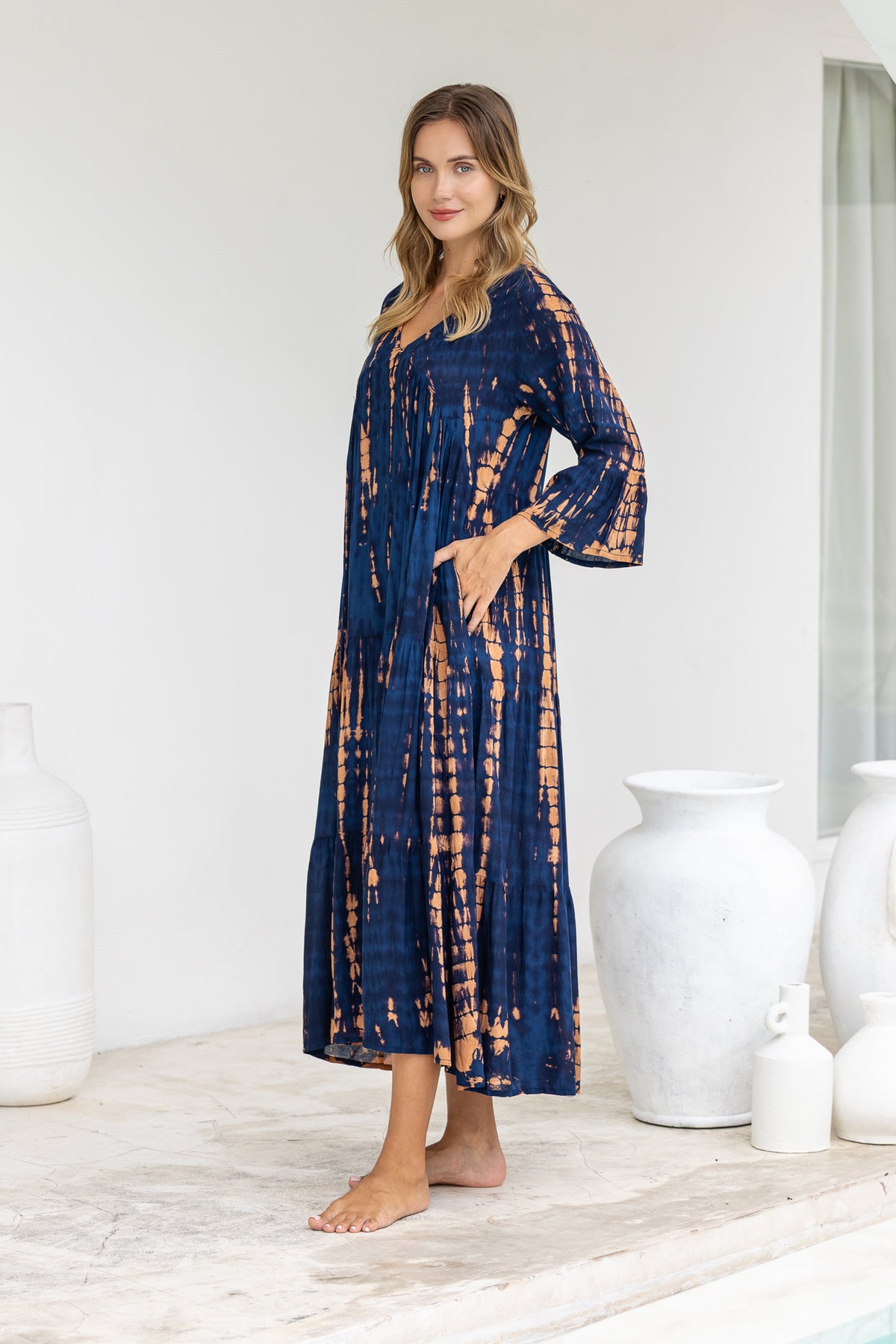 Womens Frida long smock dress in navy and copper tie dye, in soft lightweight rayon with discreet side pockets and 3/4 trumpet sleeves