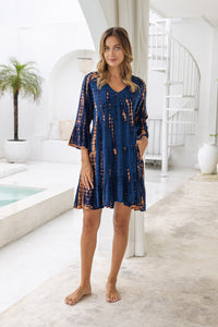 Womens Frida short smock dress in navy and copper tie dye, in soft lightweight rayon with discreet side pockets and 3/4 trumpet sleeves
