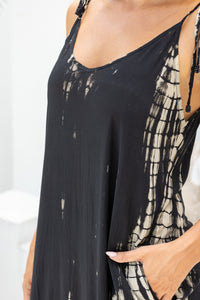 Womens Harlow Maxi Dress in black tie dye , in soft lightweight rayon, with pockets and adjustable tie straps