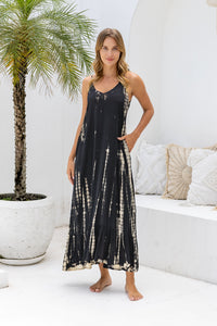 Womens Harlow Maxi Dress in black tie dye , in soft lightweight rayon, with pockets and adjustable tie straps