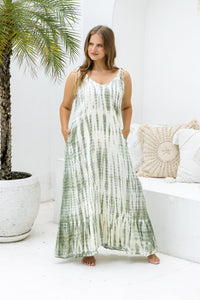 Womens Harlow Maxi Dress in green and cream tie dye, in soft lightweight rayon, with pockets and adjustable tie straps. Plus size fit.